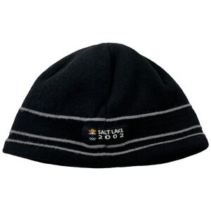 Salt Lake 2002 Winter Olympics Black Wool Knit Beanie Hat Gray Stripes Official
